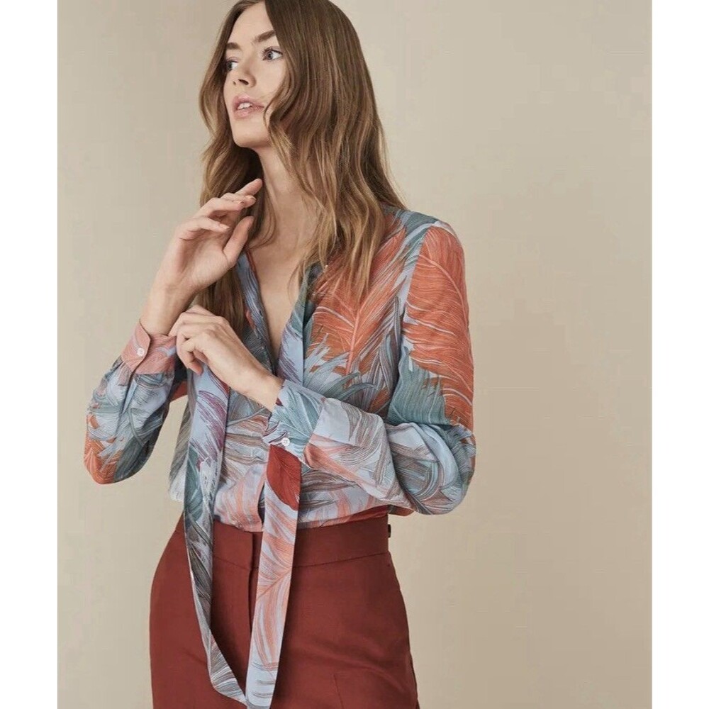 REISS Asta Feather Printed Boho Chiffon Blouse Women’s Size 4